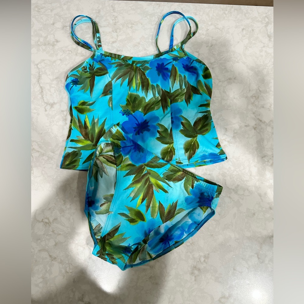 Tankini swimming suit.  Beautiful blues and green tropical print size 12